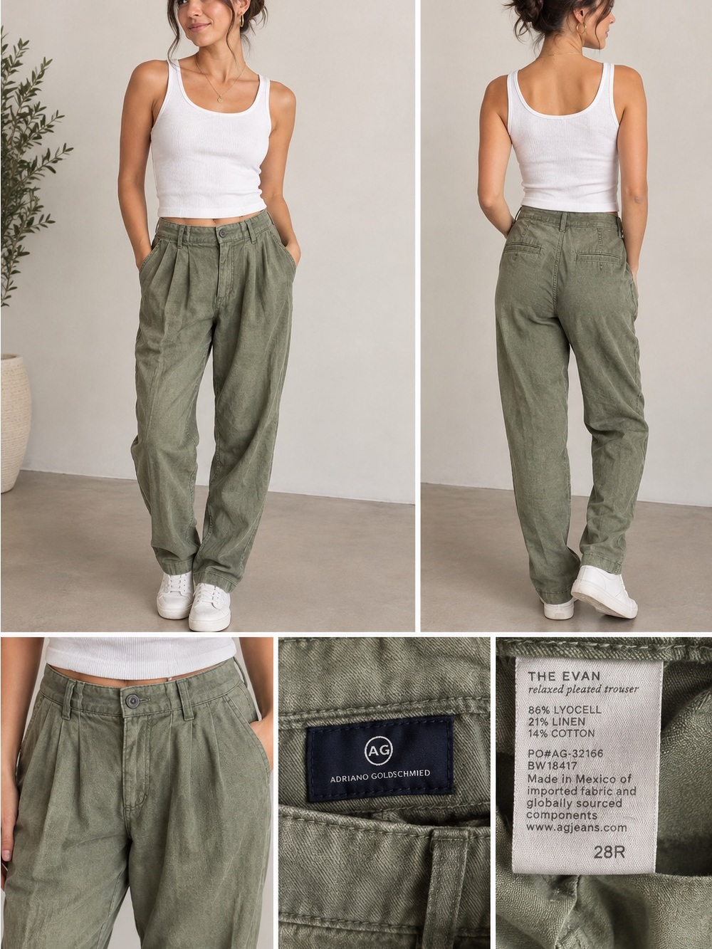 AG Adriano Goldschmied The Evan Linen Blend Pleated Pants 28R Olive Green